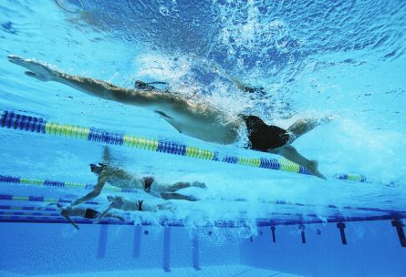 Male swimmers racing in pool, underwater view
